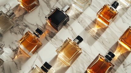 Multiple luxury perfume bottles with black and white square geometric shapes, arranged in a visually appealing pattern on a marble countertop