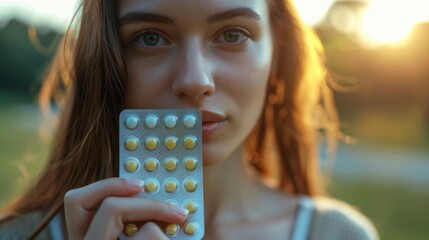 Woman holding a pack of birth control pills in her hand