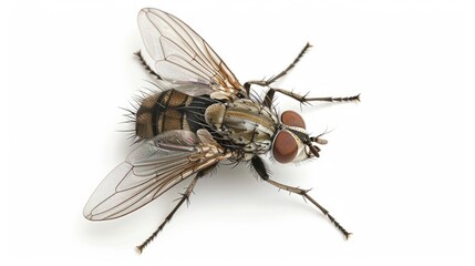 A detailed view of a fly perched on a white background, ideal for medical or scientific illustrations