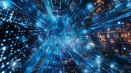 Fototapeta premium A futuristic city, with skyscrapers reaching towards the sky, connected by glowing lines and stars, symbolizing innovation, technology, progress, and connectivity.