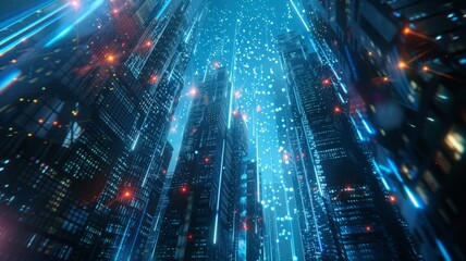 Fototapeta premium A futuristic cityscape with towering skyscrapers illuminated by neon lights, symbolizing technological advancement, urban development, digital connectivity, data flow, and a sense of awe and wonder.