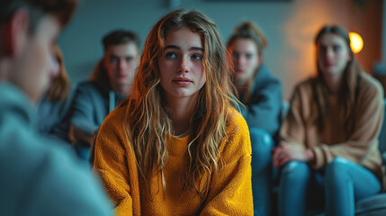 Fototapeta premium Portrait of a Teenager in a support group setting.