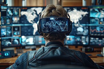 Man in VR headset sits in front of computer screen