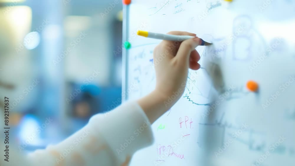 Poster Person writing on a whiteboard with colorful markers in a creative office environment. Focus on brainstorming and idea generation. Ideal for concepts of teamwork and innovation 