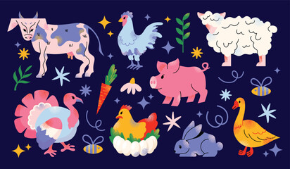Obraz premium Big vector farm animals set. Big collection with cow, sheep, turkey, rabbit, duck, hen, pig. Food for animals. Countryside, agriculture. Cute farm animal isolated on dark background