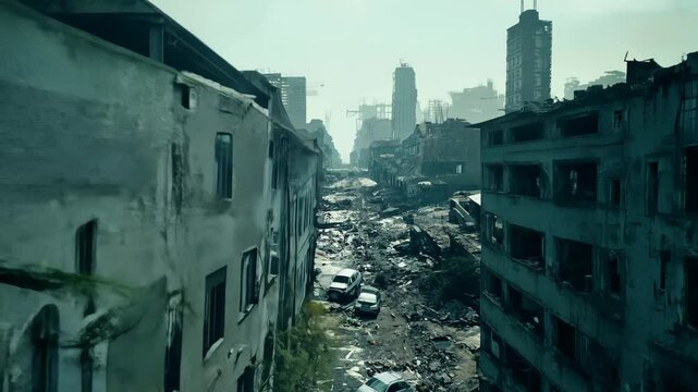 An abandoned street of a destroyed city with dilapidated buildings and rusty cars.
Concept: post-apocalyptic scenes for films and games