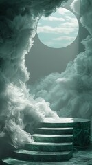 Fototapeta premium Surreal 3D podium emerging from a swirling mist, with soft, ethereal lighting creating a mystical atmosphere