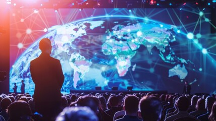 Obraz premium A speaker stands before a large crowd at a conference, facing a screen displaying a global map with interconnected lines, symbolizing connectivity, collaboration, globalization, innovation, and the fu