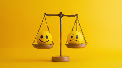 happy and sad smiley face emojis on a balance scale - on a yellow background. 