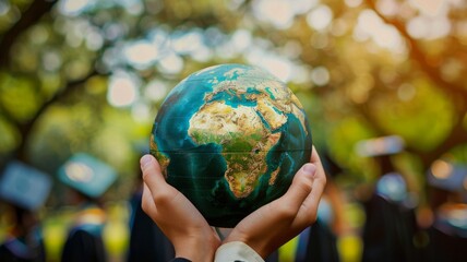 A person holds a globe in their hands, symbolizing the vastness of knowledge and global interconnectedness, with a backdrop of blurry figures wearing graduation caps, representing education and the pu