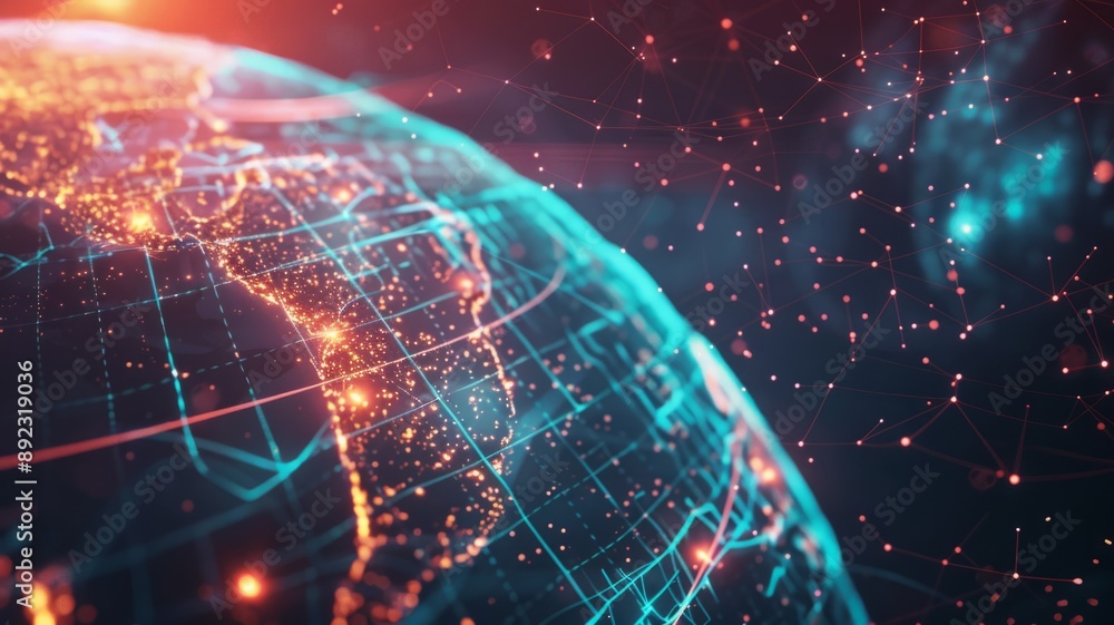 Poster a futuristic representation of earth with glowing lines and dots symbolizing interconnectedness, glo