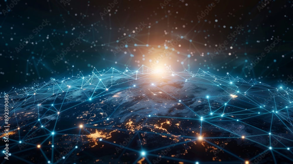 Poster a glowing globe with a complex network of connections symbolizing global communication, interconnect
