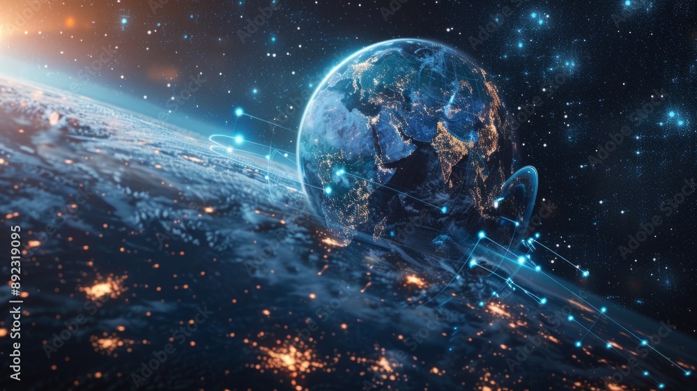 Poster a stunning view of earth from space, showcasing the interconnectedness of our planet with glowing li