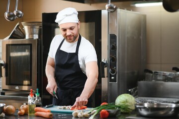 Portrait of happy caucasian male chef standing in restaurant kitchen, copy space