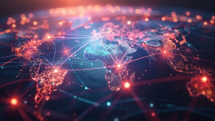 This image depicts a glowing world map with interconnected lines representing the global network. It symbolizes communication, globalization, technology, internet, and connectivity.