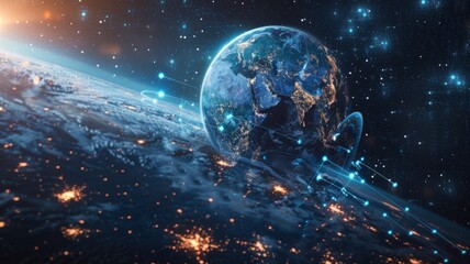 Obraz premium A stunning view of Earth from space, showcasing the interconnectedness of our planet with glowing lines representing communication and technology. This image symbolizes globalization, connectivity, da