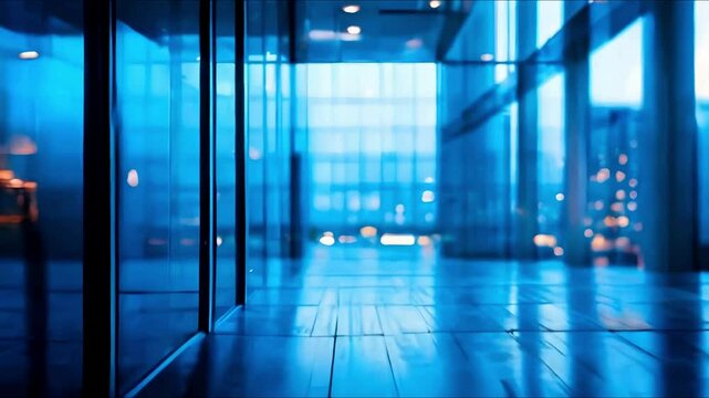 glass wall of a modern business office building in city in blue light and blurred background