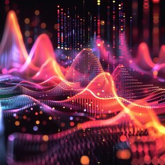 Futuristic 3D music visualizer with pulsating bars and colorful sound waves, representing dynamic audio flow