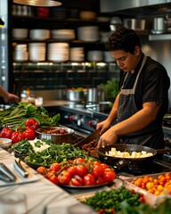 Obraz premium a man preparing food in a kitchen with lots of vegetables