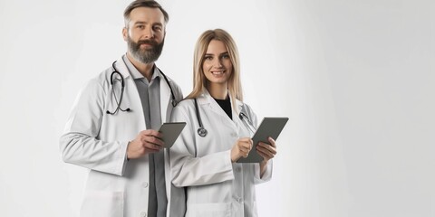 Doctors stand smiling, holding a tablet, and reflecting professionalism and healthcare teamwork in the hospital.