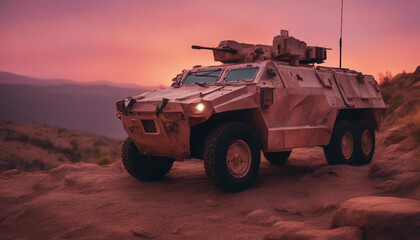 Fototapeta premium An armored vehicle stationed on a rocky hillside at sunset, with the sky ablaze with orange and pink 
