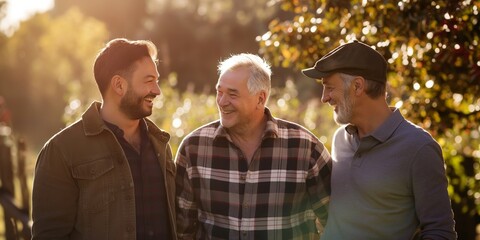 Naklejka premium A happy family, including a smiling grandfather, father, and friends, enjoys a walk in the park.