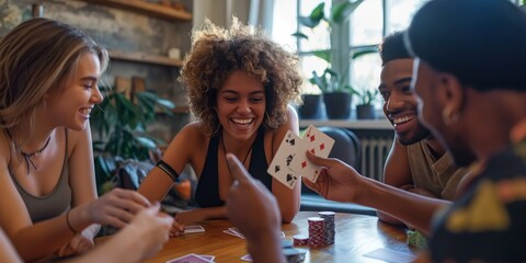 Friends gather around a table, laughing and playing poker, enjoying each other's company and the game.