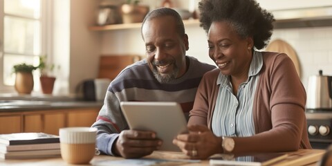 A happy elderly couple uses a tablet to communicate and browse the internet, enjoying their time together.