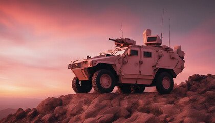 Fototapeta premium An armored vehicle stationed on a rocky hillside at sunset, with the sky ablaze with orange and pink 