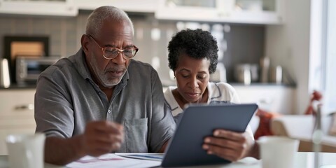 An elderly black couple deals with bills and mortgage planning together using a laptop in their kitchen.