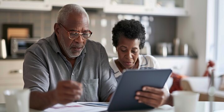 An elderly black couple deals with bills and mortgage planning together using a laptop in their kitchen.