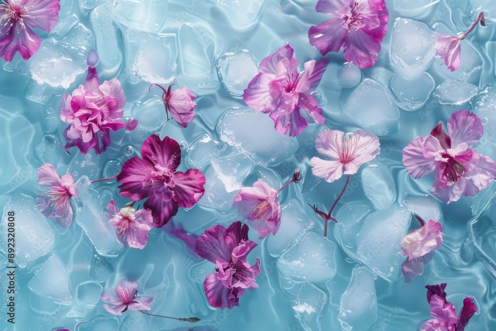 Poster a group of flowers float on the surface of a pool of water, creating a serene atmosphere