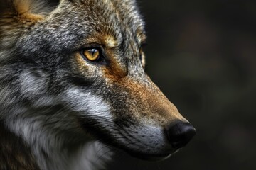 Fototapeta premium A close-up portrait of a wolf, showcasing its captivating amber eyes, sharp features, and a sense of wildness. The dark background emphasizes the wolf's presence and creates a feeling of mystery. The 