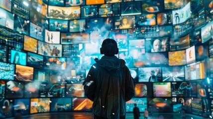 Obraz premium A man standing in front of a wall of screens, representing the overwhelming amount of information available in the digital age. It symbolizes technology, data, social media, and the challenges of navi