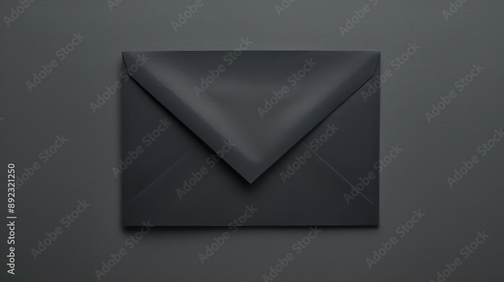 Poster single, dark grey or black envelope with a pointed flap, laid out on a matching grey background. the