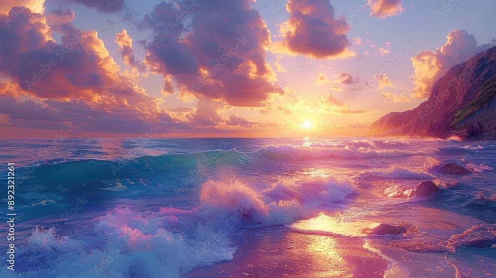 Canvas Prints a stunning beach sunset with waves crashing on the shore and colorful clouds in the sky, creating a 