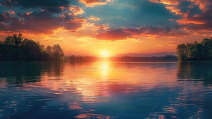 Stunning sunset over a calm lake with vibrant colors in the sky, creating a peaceful and serene atmosphere