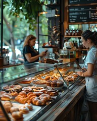 a woman standing in front of a counter filled with donuts