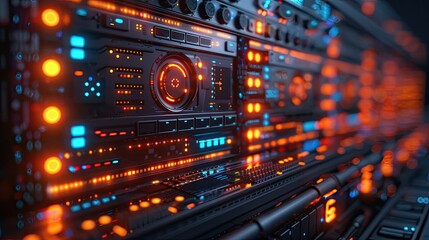 Close-up of a futuristic data center with illuminated servers, glowing lights, and advanced technology, showcasing a high-tech environment
