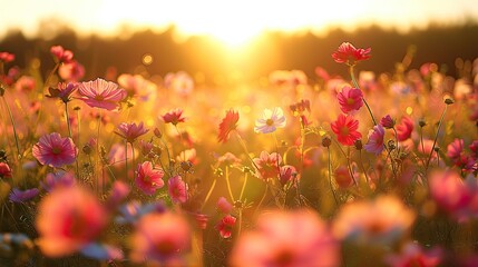 A beautiful meadow filled with pink and white flowers blooming under a warm, golden sunset, capturing the essence of a tranquil evening