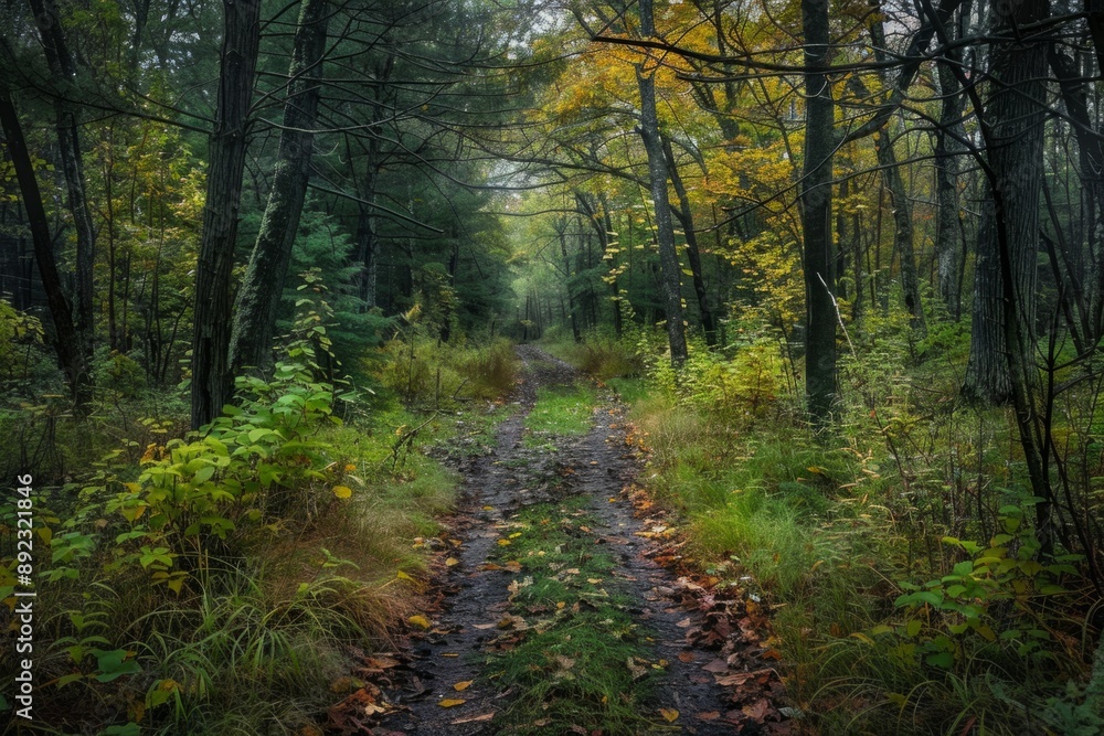 Poster a solitary path meanders through a dense, verdant forest. sunlight filters through the leafy canopy,
