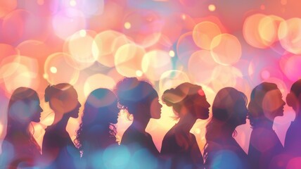 A group of women silhouetted against a backdrop of colorful bokeh lights, symbolizing friendship, celebration, togetherness, joy, and empowerment.