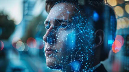 A man's face with a digital overlay, representing the future of identity and technology's impact on human interaction. This symbolizes the integration of technology, privacy, security, and the evolvin