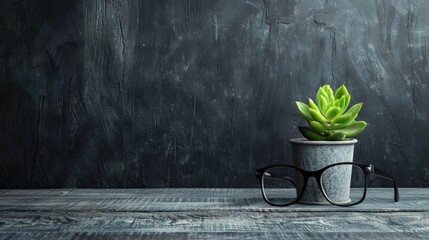 Plant with spectacles in front of chalkboard wall Concept of work and education with space for text