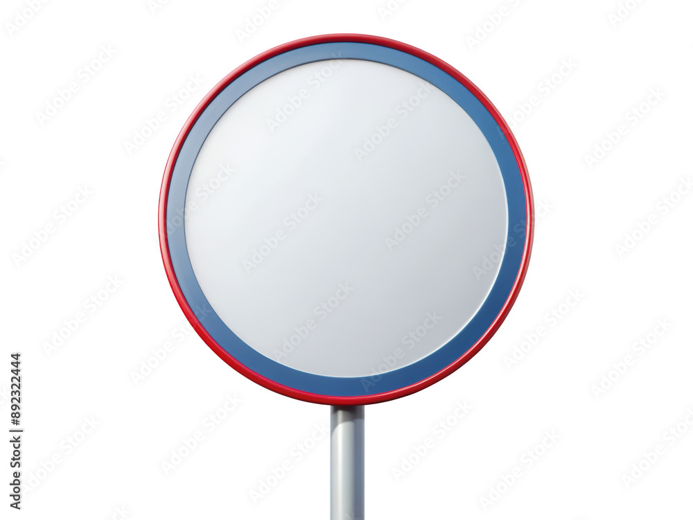 Poster round blank sign on pole with a blue and red border, suitable for customizable messages and advertis
