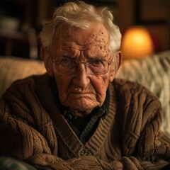 An elderly person with a scowling expression, representing cantankerous behavior, in a cozy living room.