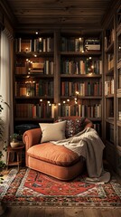 Cozy 3D reading nook with bookshelves, a comfortable armchair, and warm, ambient lighting