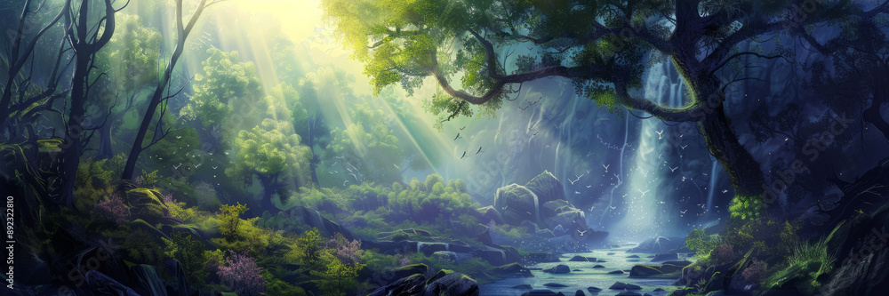 Poster serene waterfall in a lush forest - a magical forest scene with sunlight filtering through the trees