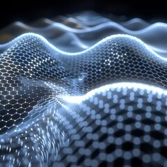 Dynamic 3D wave of glowing white hexagons, creating a flowing energy field