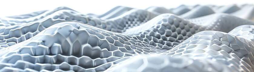 Fototapeta premium Dynamic 3D wave of interlocking white hexagons, creating a flowing energy field